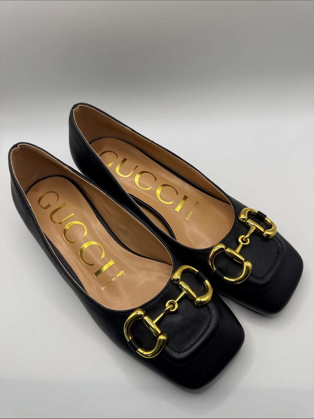 Gucci Black Leather Horsebit Square-Toe Ballet Flats - Picture 2 of 9